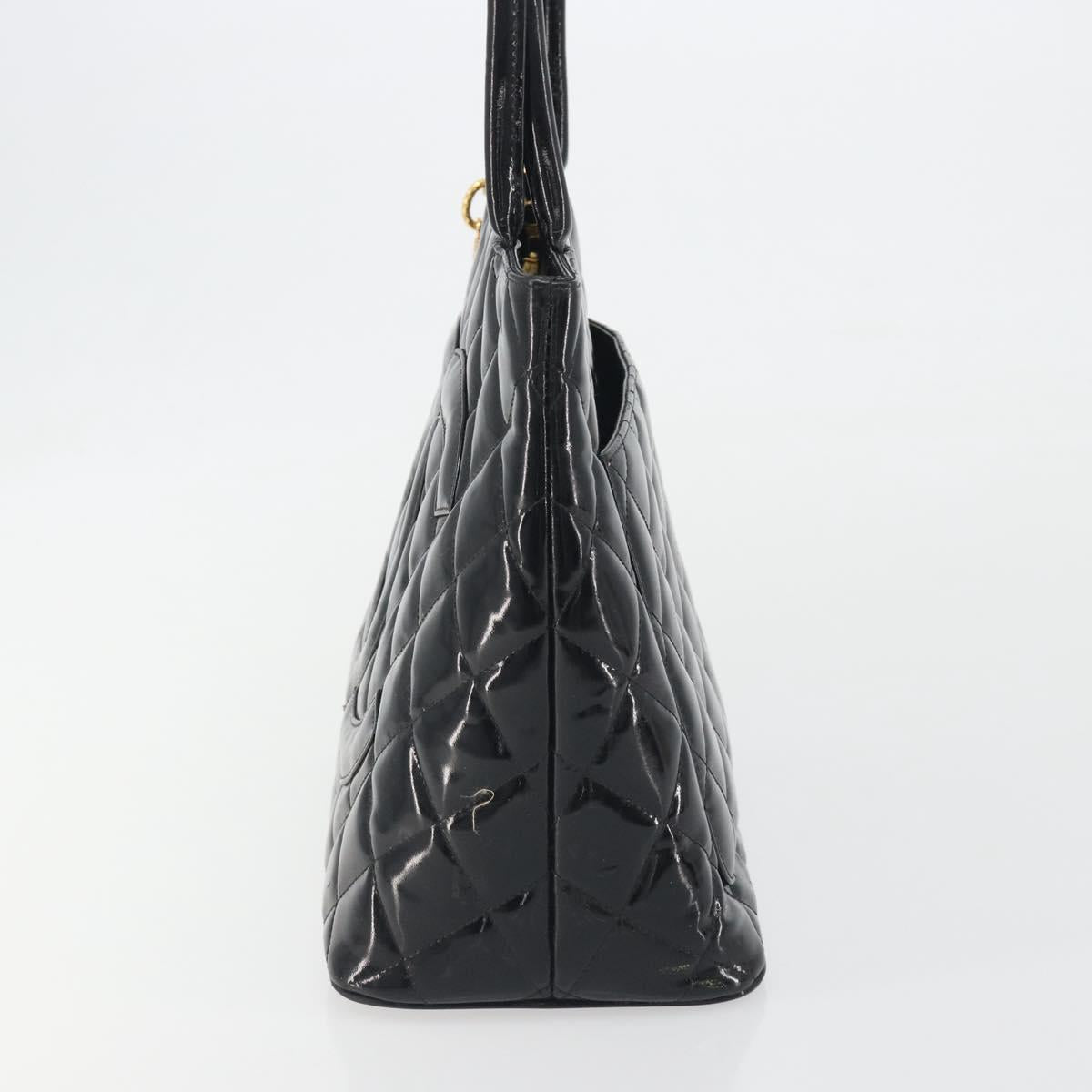 CHANEL Matelasse Reprint Tote Bag Patent Leather Black Gold CC Auth 194057V