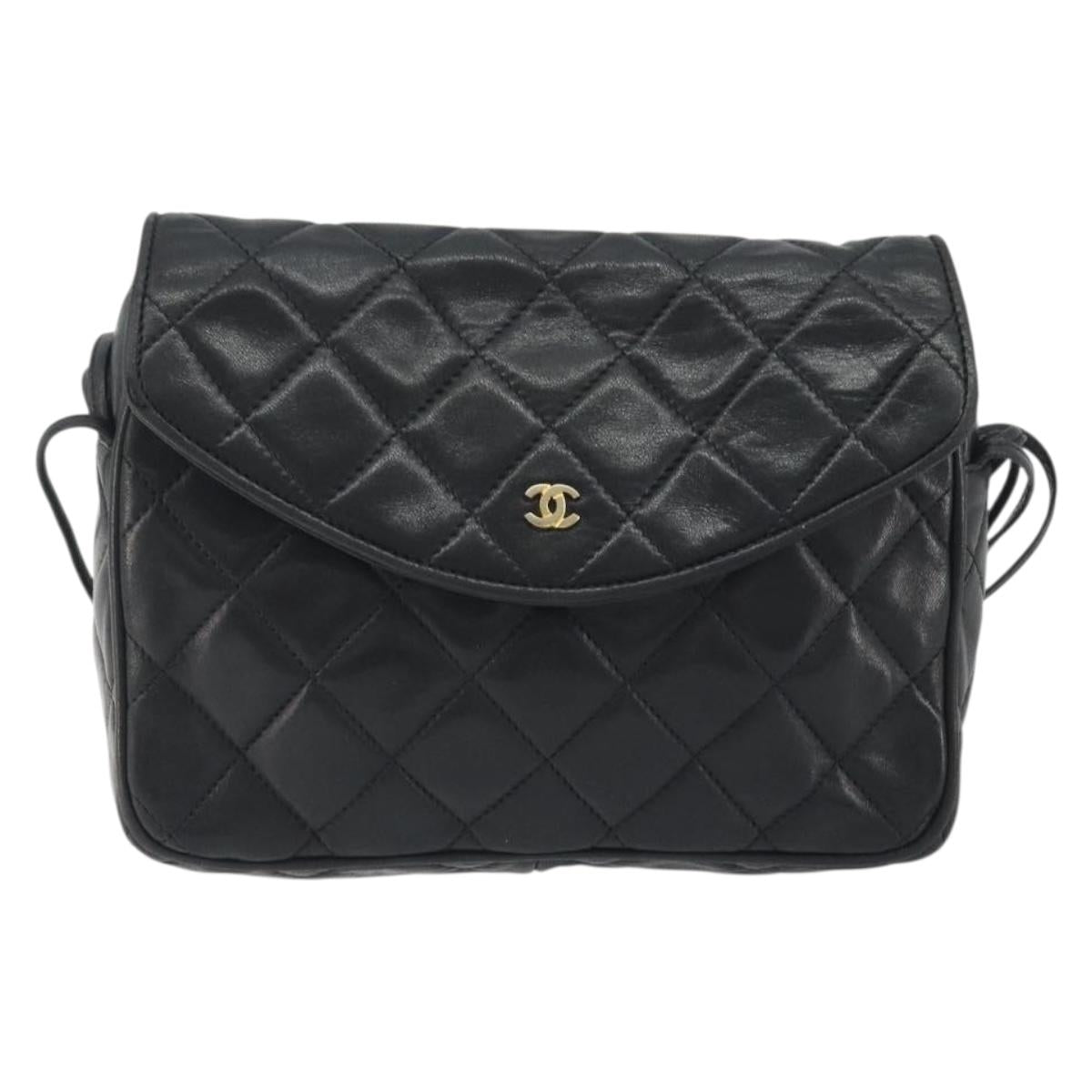 CHANEL Matelasse Shoulder Bag Lamb Skin Black Gold CC Auth 194058A