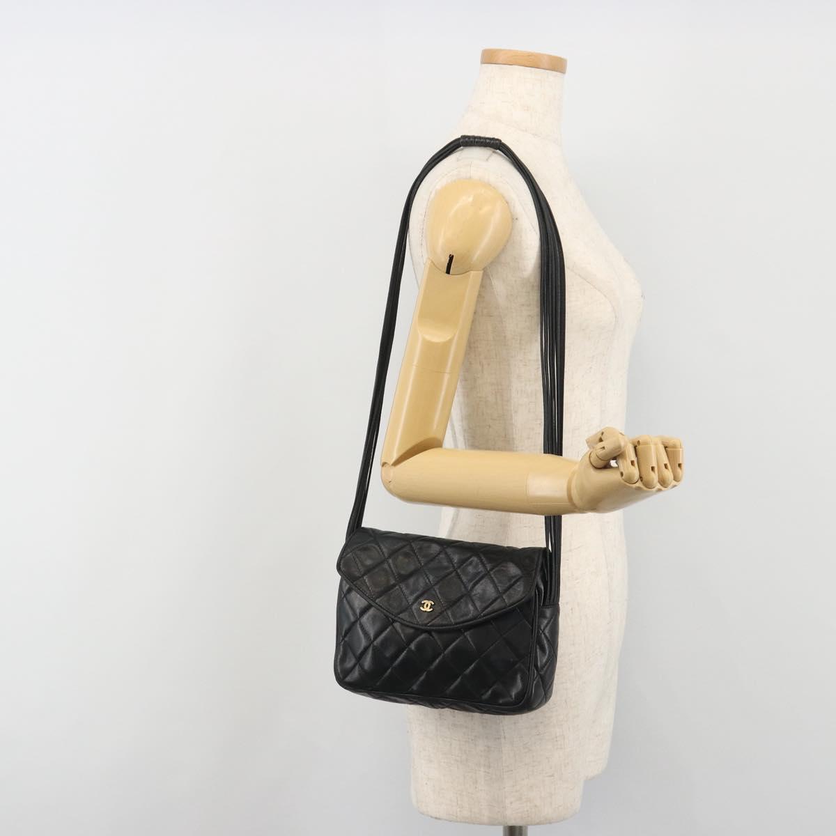 CHANEL Matelasse Shoulder Bag Lamb Skin Black Gold CC Auth 194058A