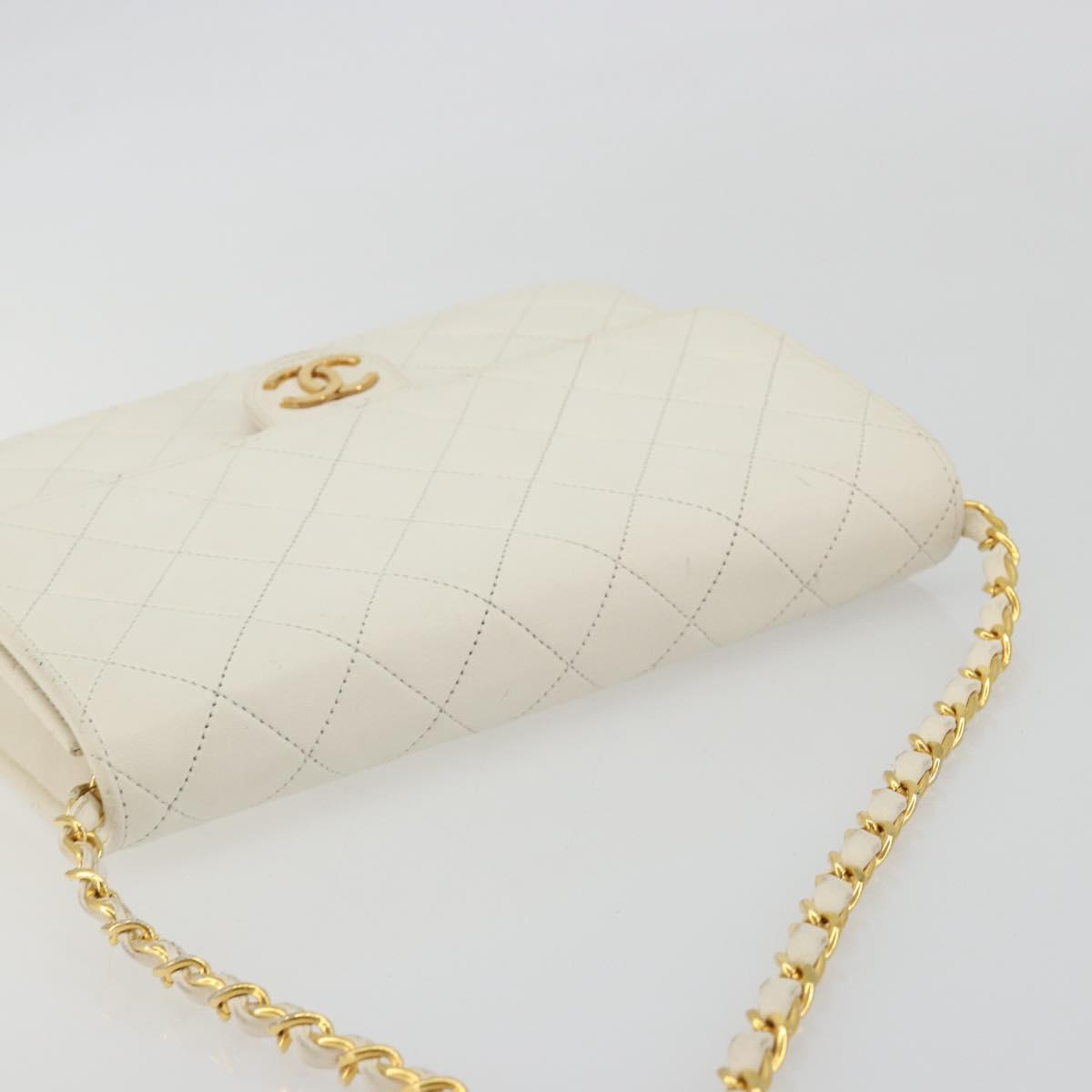 CHANEL Matelasse Chain Chain Shoulder Bag Lamb Skin White Gold CC Auth 194059