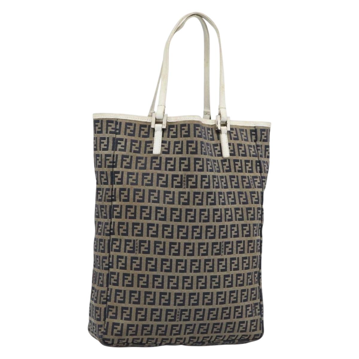 FENDI Zucchino Canvas Tote Bag Navy Silver 8BH006 Auth 194069