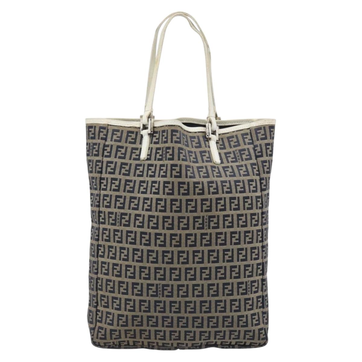 FENDI Zucchino Canvas Tote Bag Navy Silver 8BH006 Auth 194069