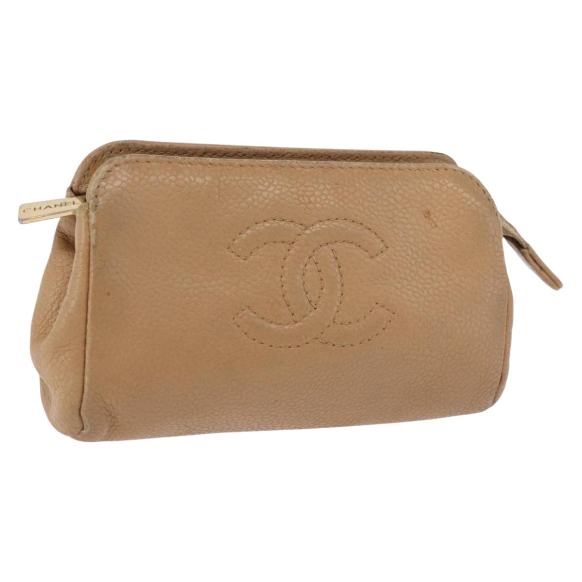 CHANEL COCO Mark Pouch Caviar Skin Beige Gold Tone CC Auth 194083