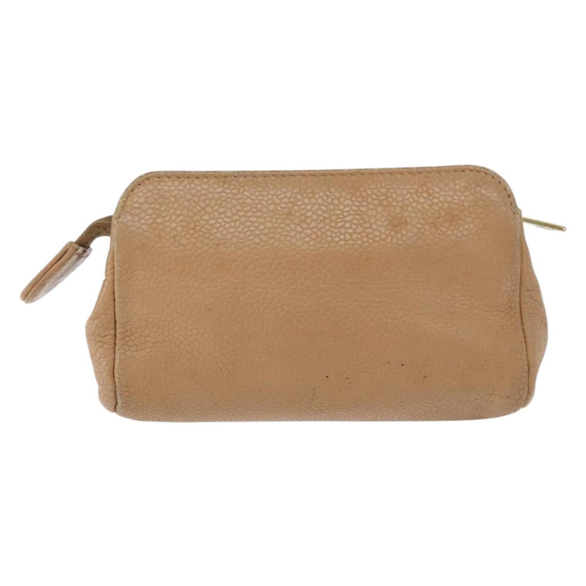 CHANEL COCO Mark Pouch Caviar Skin Beige Gold Tone CC Auth 194083