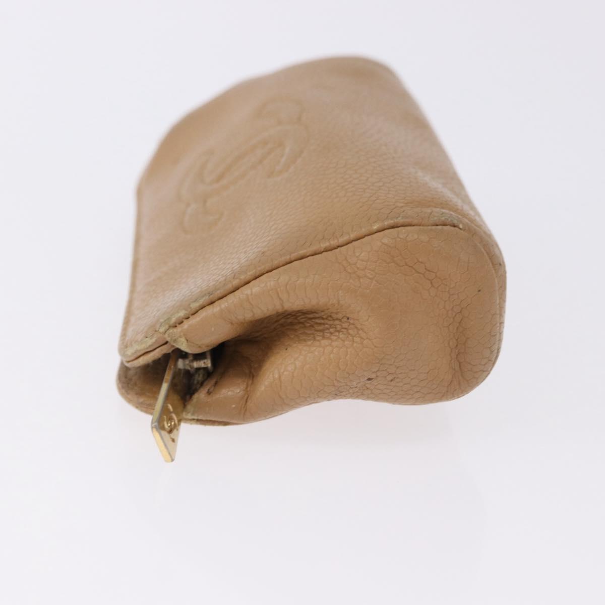 CHANEL COCO Mark Pouch Caviar Skin Beige Gold Tone CC Auth 194083