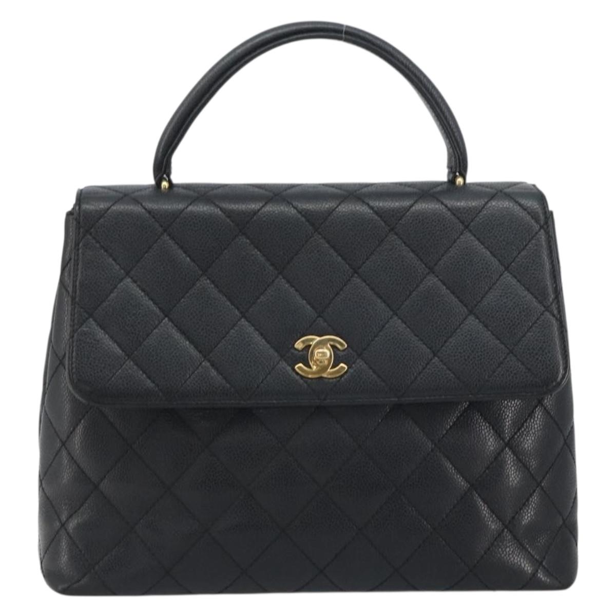 CHANEL Matelasse Hand Bag Caviar Skin Black Gold Tone CC Auth 194093A