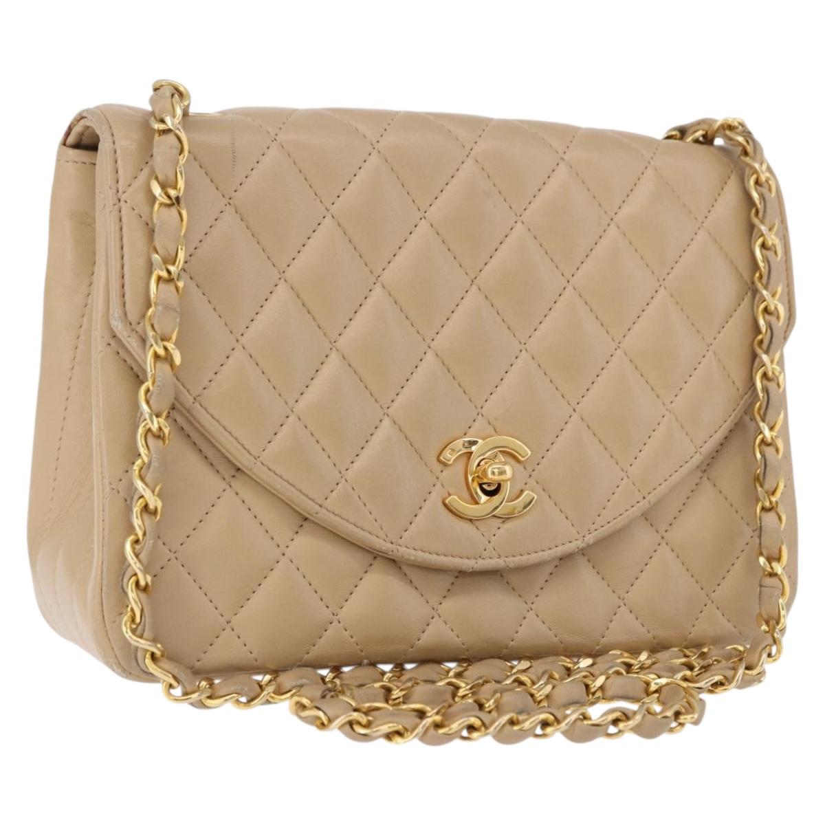 CHANEL Matelasse Chain Shoulder Bag Lamb Skin Beige Gold Tone CC Auth 194094A