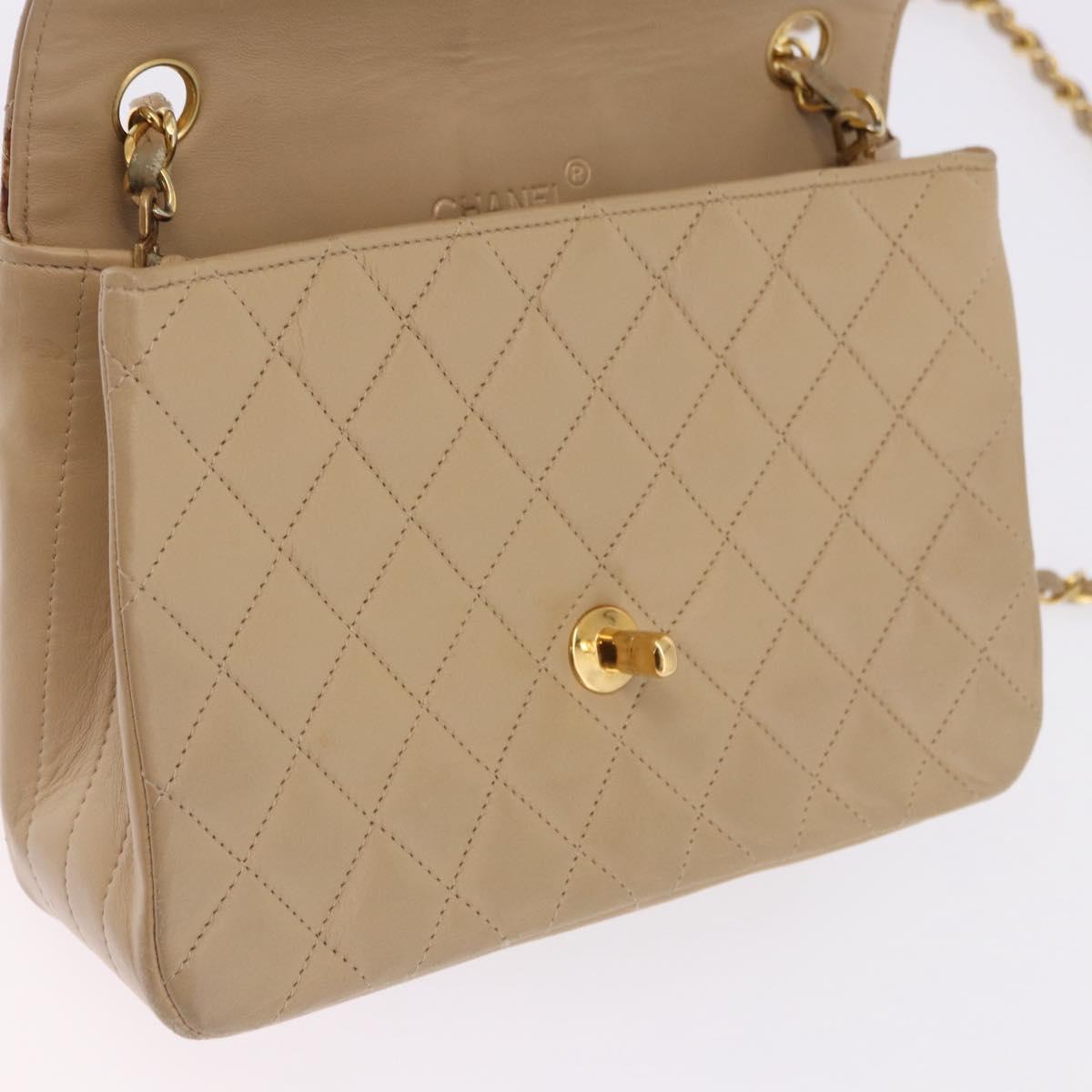 CHANEL Matelasse Chain Shoulder Bag Lamb Skin Beige Gold Tone CC Auth 194094A