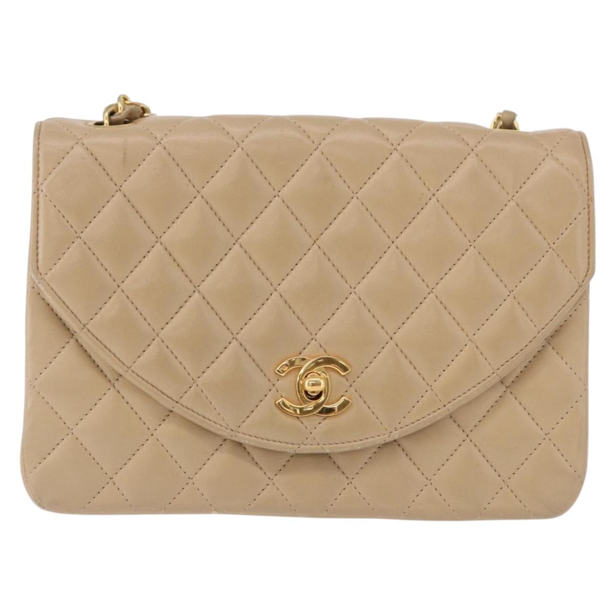 CHANEL Matelasse Chain Shoulder Bag Lamb Skin Beige Gold Tone CC Auth 194094A