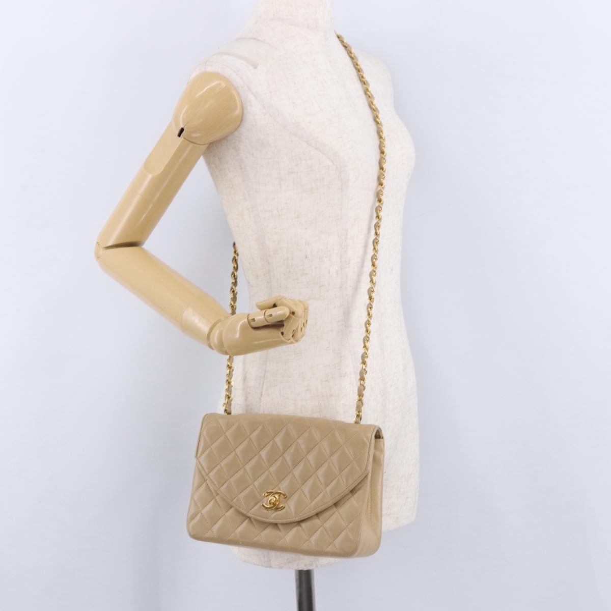 CHANEL Matelasse Chain Shoulder Bag Lamb Skin Beige Gold Tone CC Auth 194094A