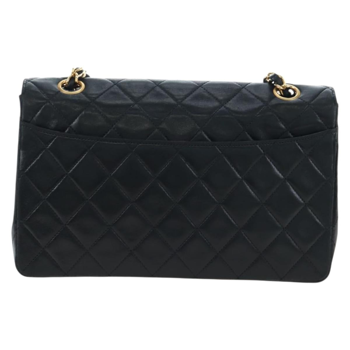 CHANEL Matelasse Chain Shoulder Bag Lamb Skin Black Gold Tone CC Auth 194095SAM