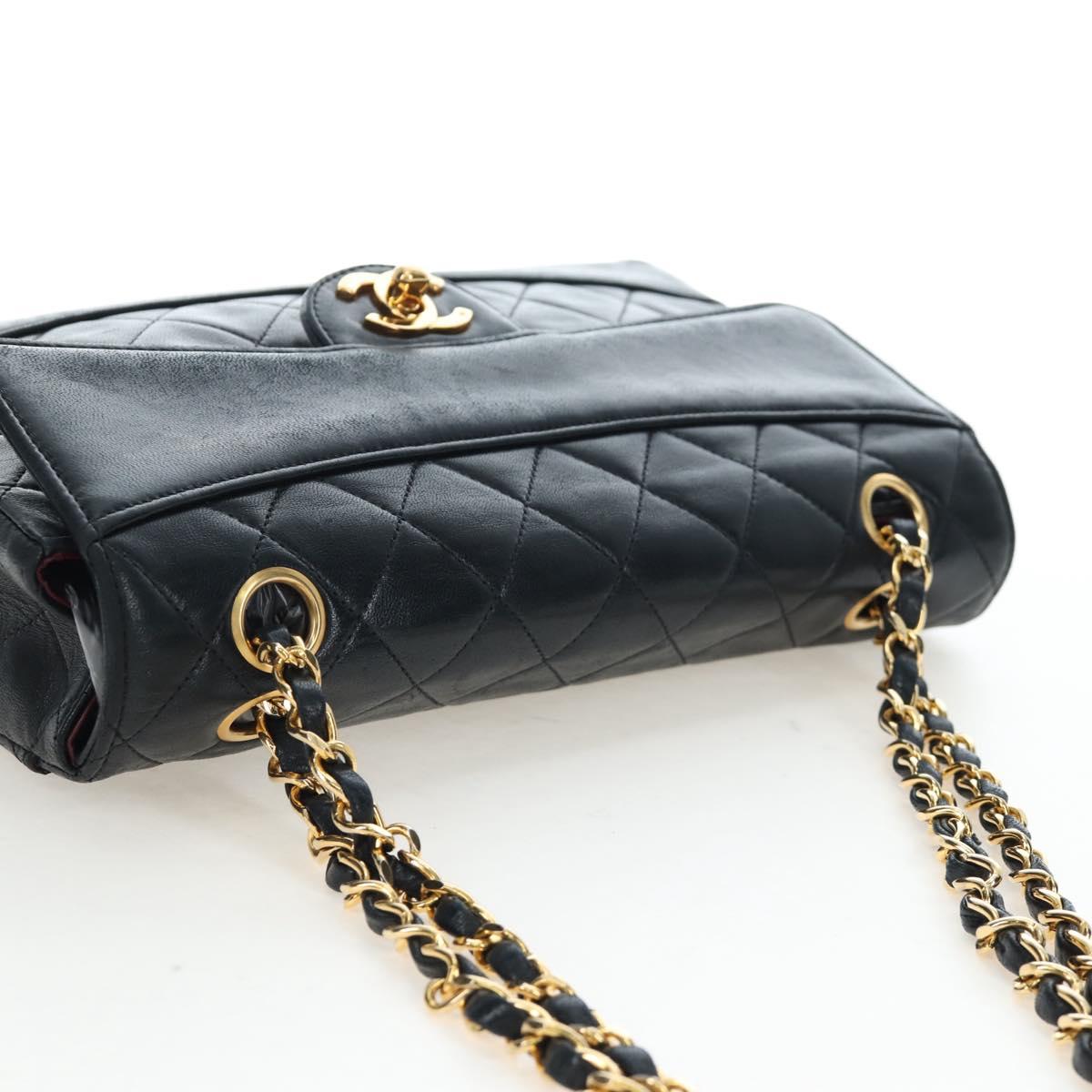 CHANEL Matelasse Chain Shoulder Bag Lamb Skin Black Gold Tone CC Auth 194095SAM