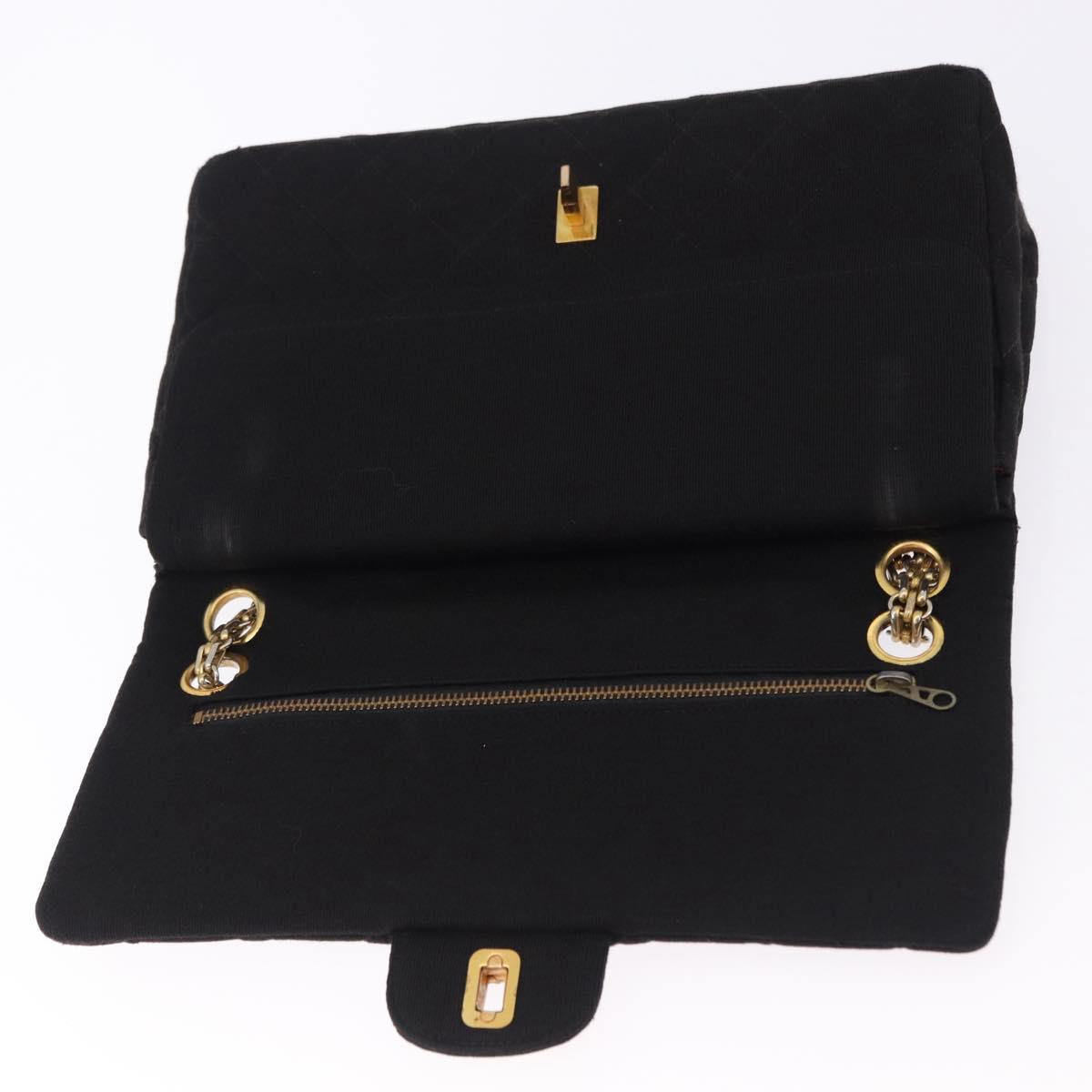 CHANEL Matelasse Double Flap Chain Shoulder Bag Cotton Black Gold Tone CC Auth 194097