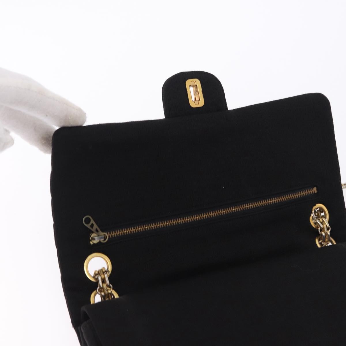 CHANEL Matelasse Double Flap Chain Shoulder Bag Cotton Black Gold Tone CC Auth 194097