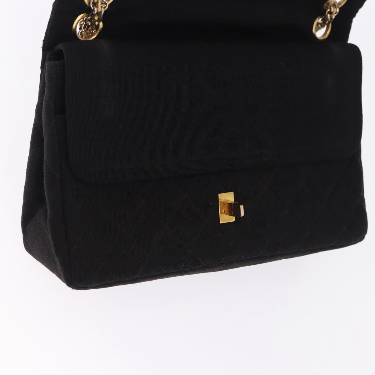CHANEL Matelasse Double Flap Chain Shoulder Bag Cotton Black Gold Tone CC Auth 194097