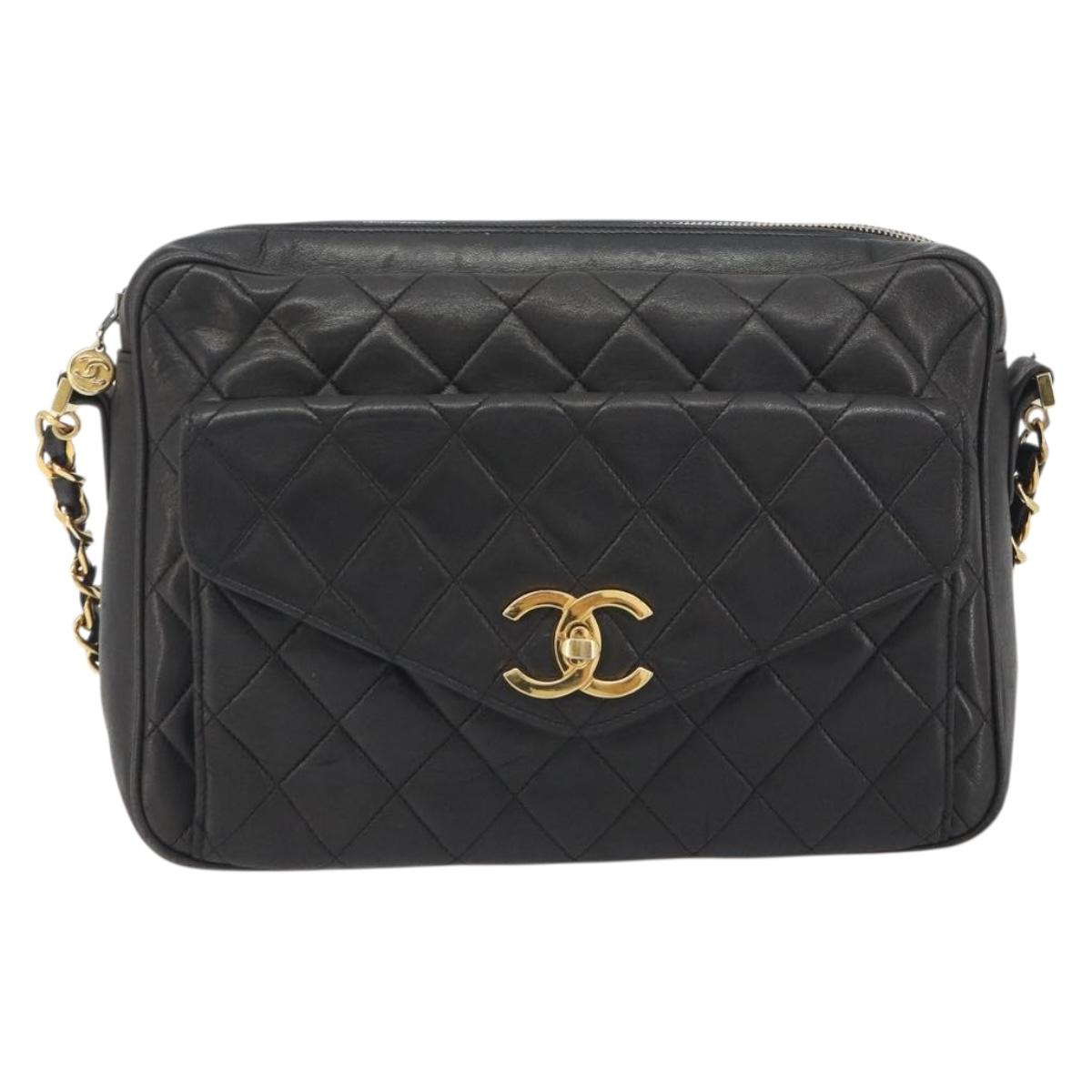 CHANEL Matelasse Chain Shoulder Bag Lamb Skin Black Gold Tone CC Auth 194099