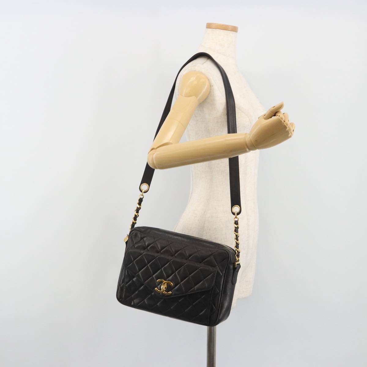 CHANEL Matelasse Chain Shoulder Bag Lamb Skin Black Gold Tone CC Auth 194099
