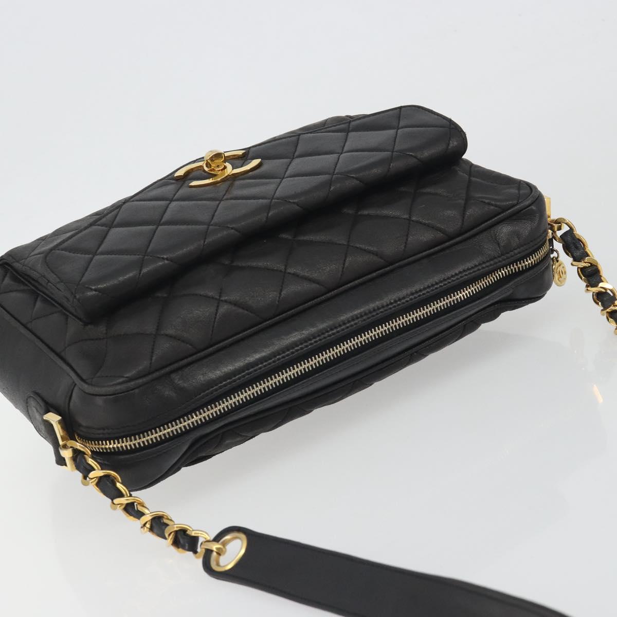 CHANEL Matelasse Chain Shoulder Bag Lamb Skin Black Gold Tone CC Auth 194099