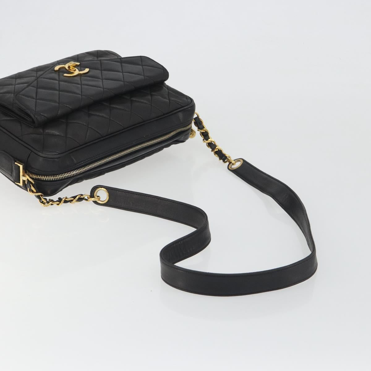 CHANEL Matelasse Chain Shoulder Bag Lamb Skin Black Gold Tone CC Auth 194099