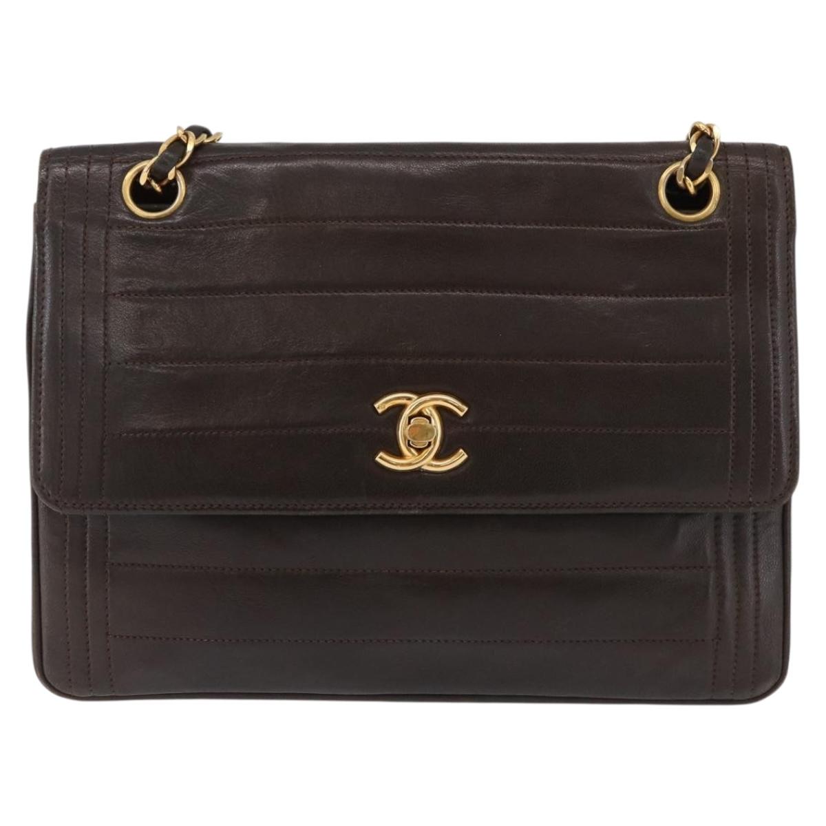 CHANEL Mademoiselle Chain Shoulder Bag Lamb Skin Brown Gold Tone CC Auth 194100