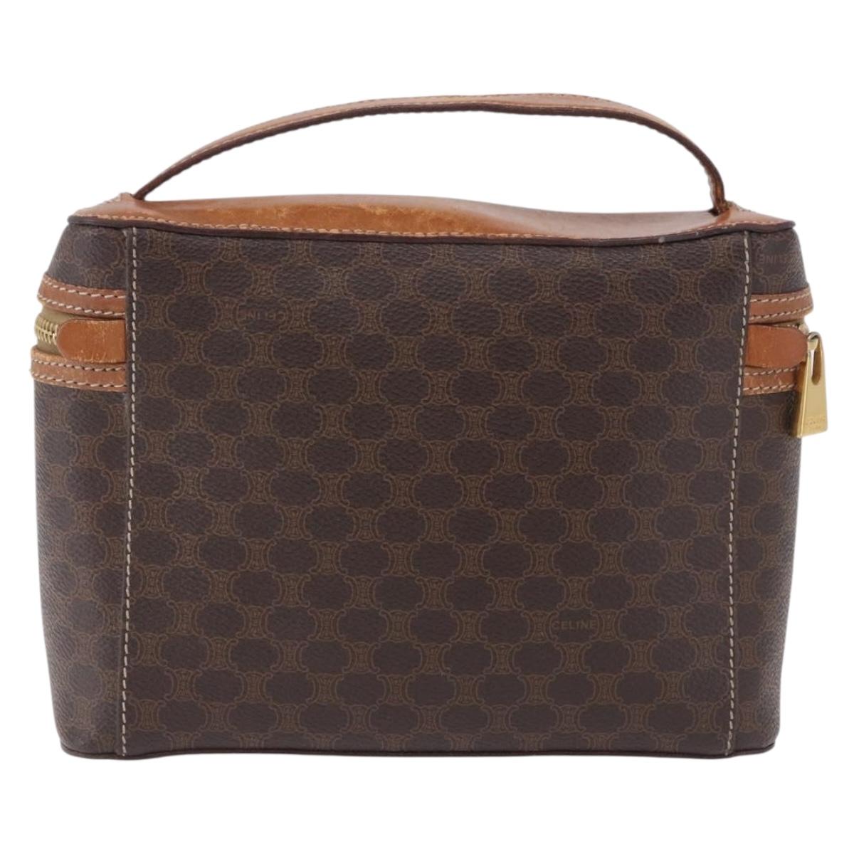 CELINE Macadam Vanity Cosmetic Pouch PVC Leather Brown Gold Tone Auth 194108