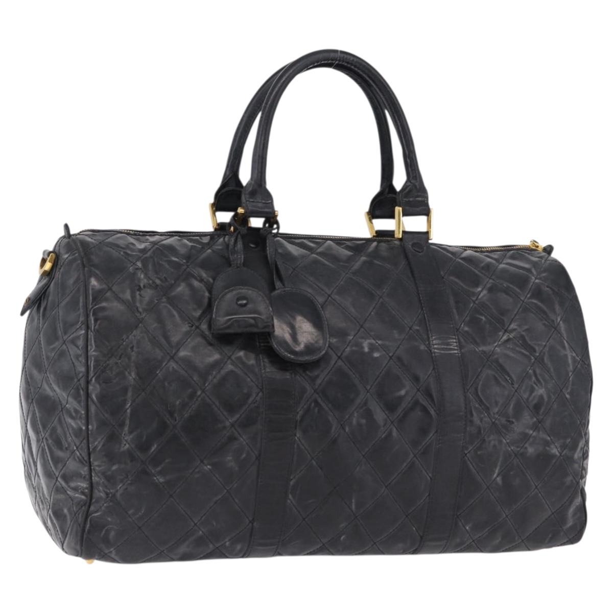 CHANEL Bicolore Boston Bag Patent Black Gold Tone CC Auth 194114