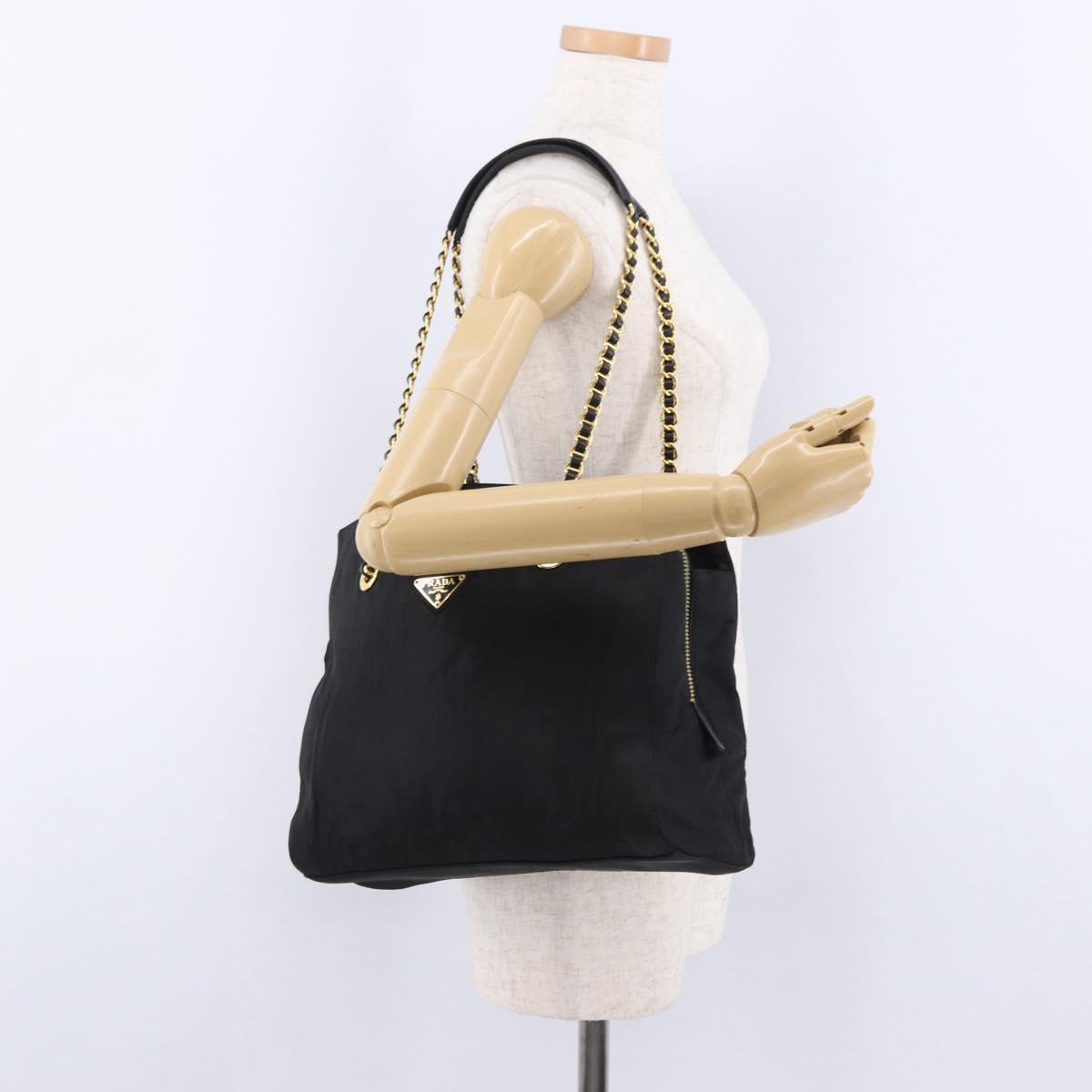 PRADA Chain Shoulder Bag Nylon Black Gold Tone Auth 194116