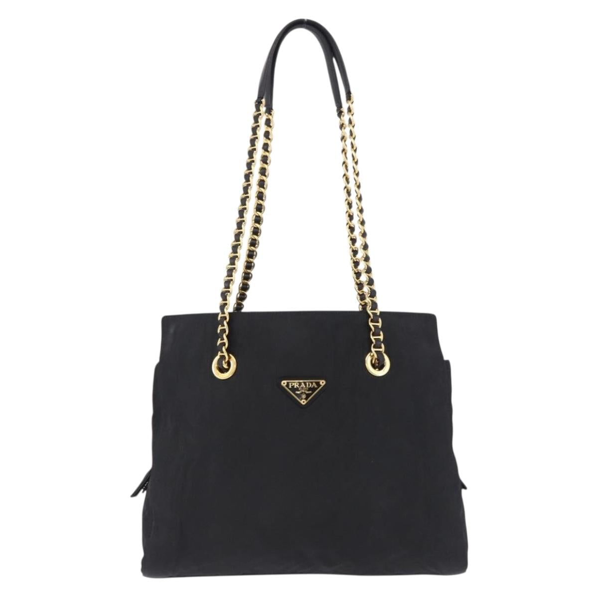 PRADA Chain Shoulder Bag Nylon Black Gold Tone Auth 194116