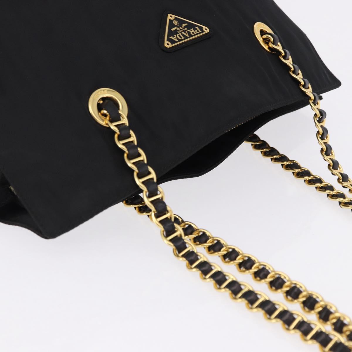 PRADA Chain Shoulder Bag Nylon Black Gold Tone Auth 194116