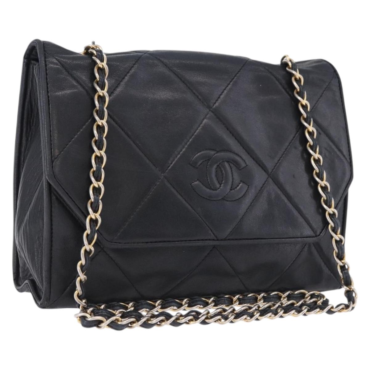 CHANEL Matelasse Chain Shoulder Bag Lamb Skin Black Gold Tone CC Auth 194117A
