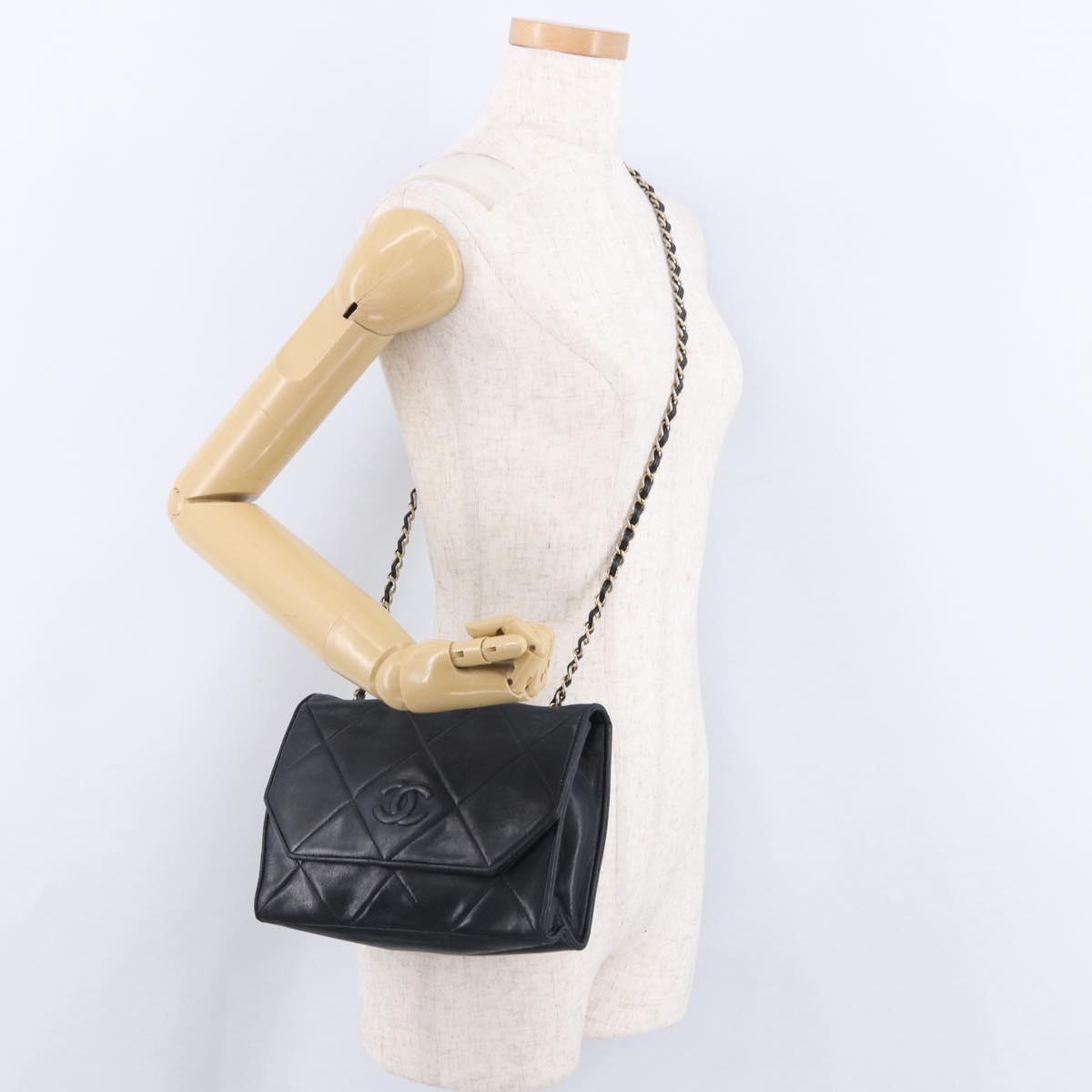 CHANEL Matelasse Chain Shoulder Bag Lamb Skin Black Gold Tone CC Auth 194117A