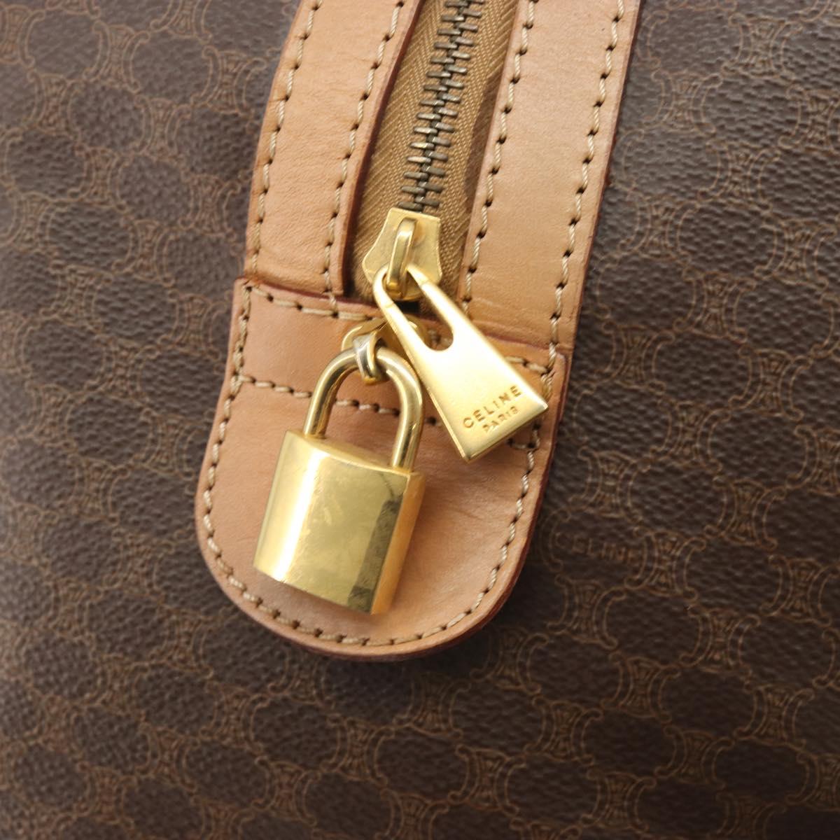 CELINE Macadam Boston Bag PVC Leather Brown Gold Tone Auth 194119A