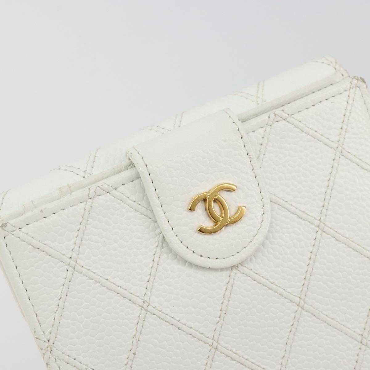 CHANEL Bicolore Bifold Wallet Caviar Skin White Gold Tone CC Auth 194133A