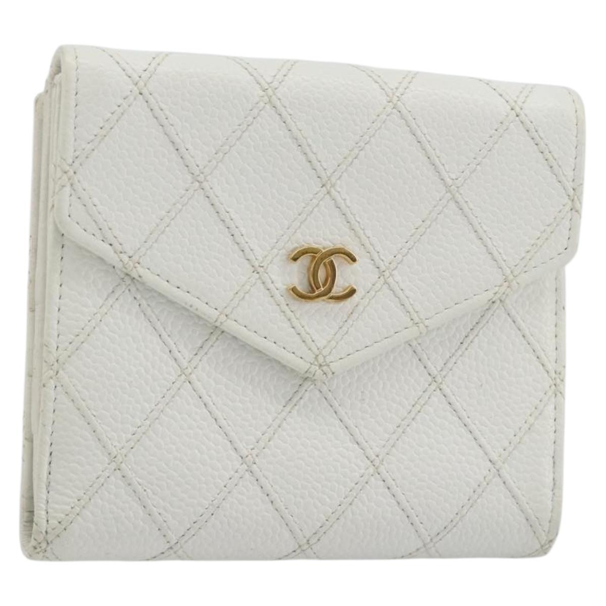 CHANEL Bicolore Bifold Wallet Caviar Skin White Gold Tone CC Auth 194133A