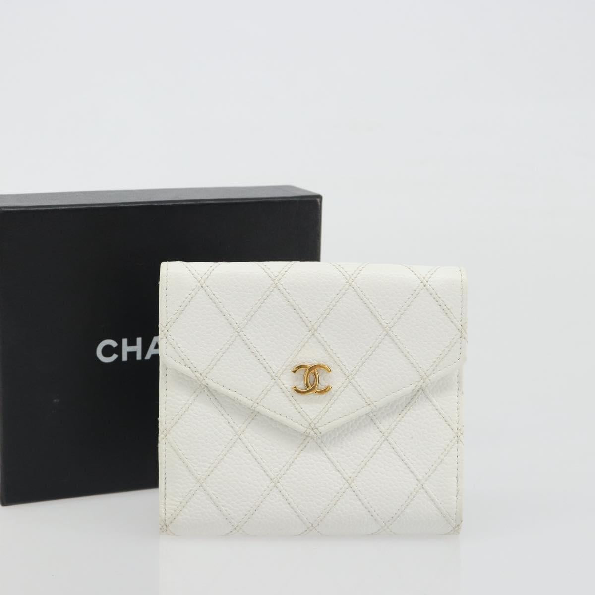 CHANEL Bicolore Bifold Wallet Caviar Skin White Gold Tone CC Auth 194133A