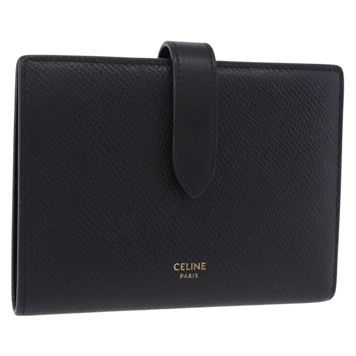 CELINE Medium Strap Wallet Leather Black Gold Auth 194135A