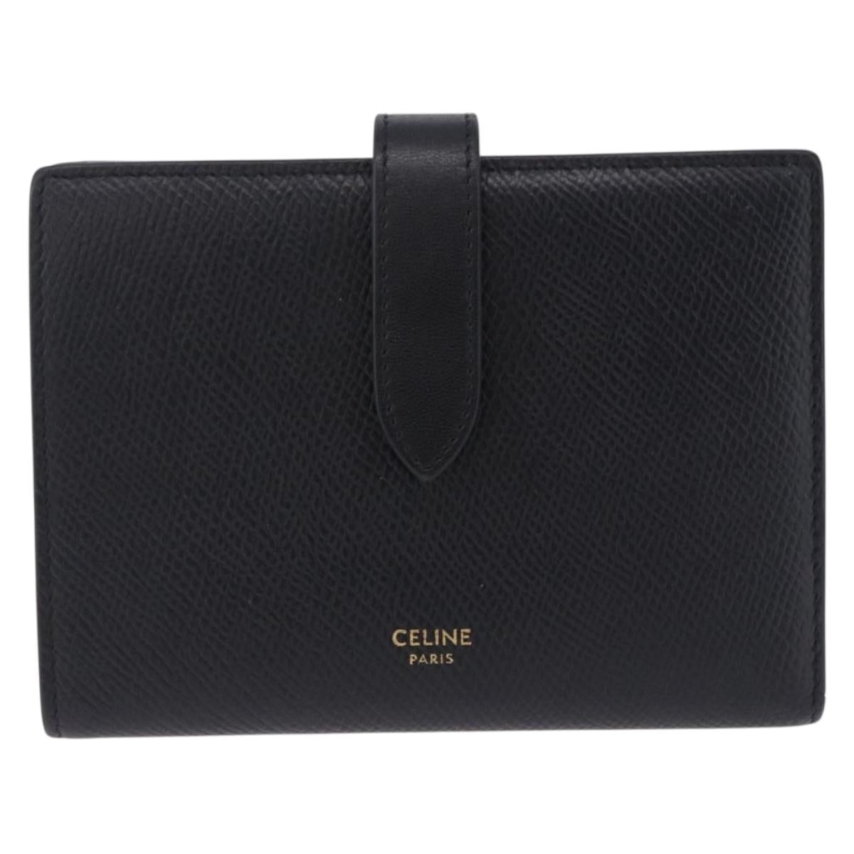 CELINE Medium Strap Wallet Leather Black Gold Auth 194135A