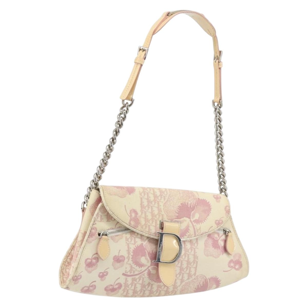 Christian Dior Saddle Chain Shoulder Bag Canvas Pink Silver Auth 194136