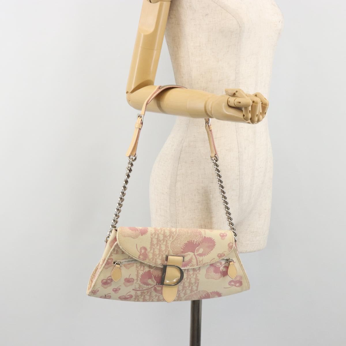Christian Dior Saddle Chain Shoulder Bag Canvas Pink Silver Auth 194136