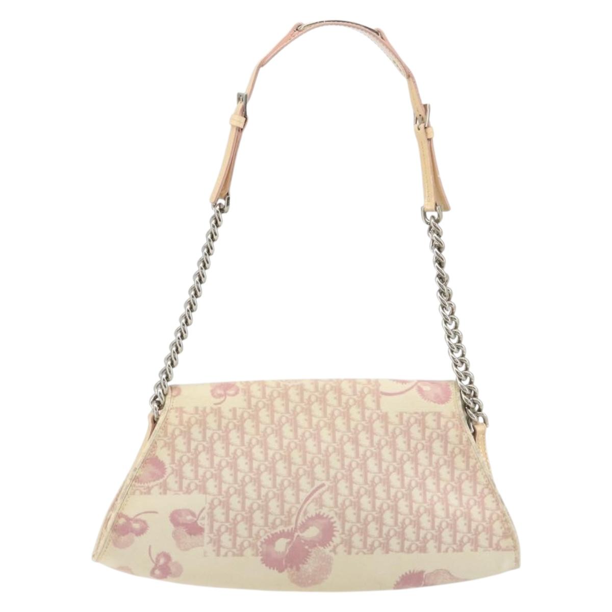 Christian Dior Saddle Chain Shoulder Bag Canvas Pink Silver Auth 194136