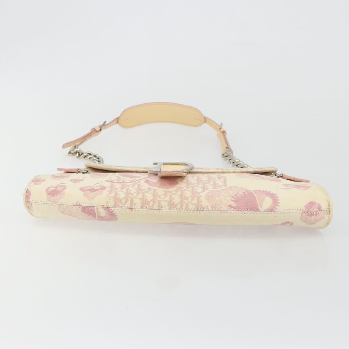 Christian Dior Saddle Chain Shoulder Bag Canvas Pink Silver Auth 194136