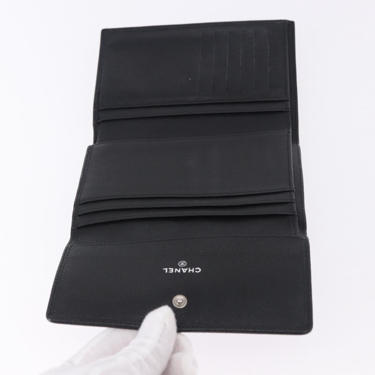 CHANEL COCO Mark Bifold Wallet Caviar Skin Black Silver CC Auth 194143A