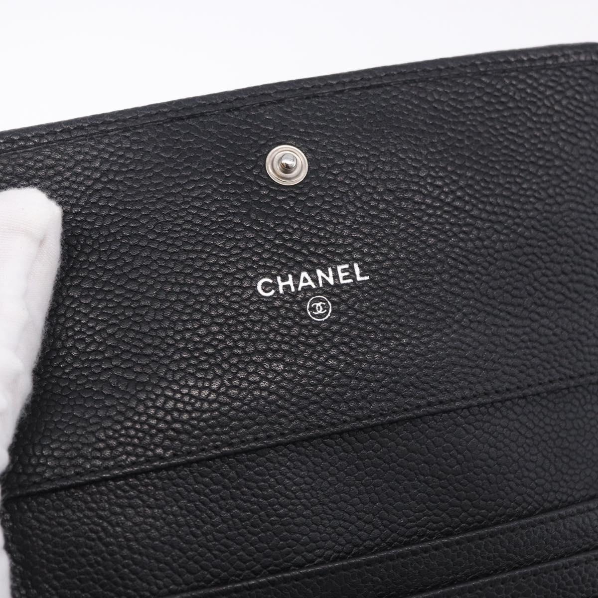 CHANEL COCO Mark Bifold Wallet Caviar Skin Black Silver CC Auth 194143A