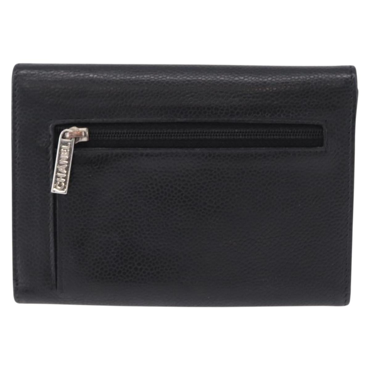 CHANEL COCO Mark Bifold Wallet Caviar Skin Black Silver CC Auth 194143A