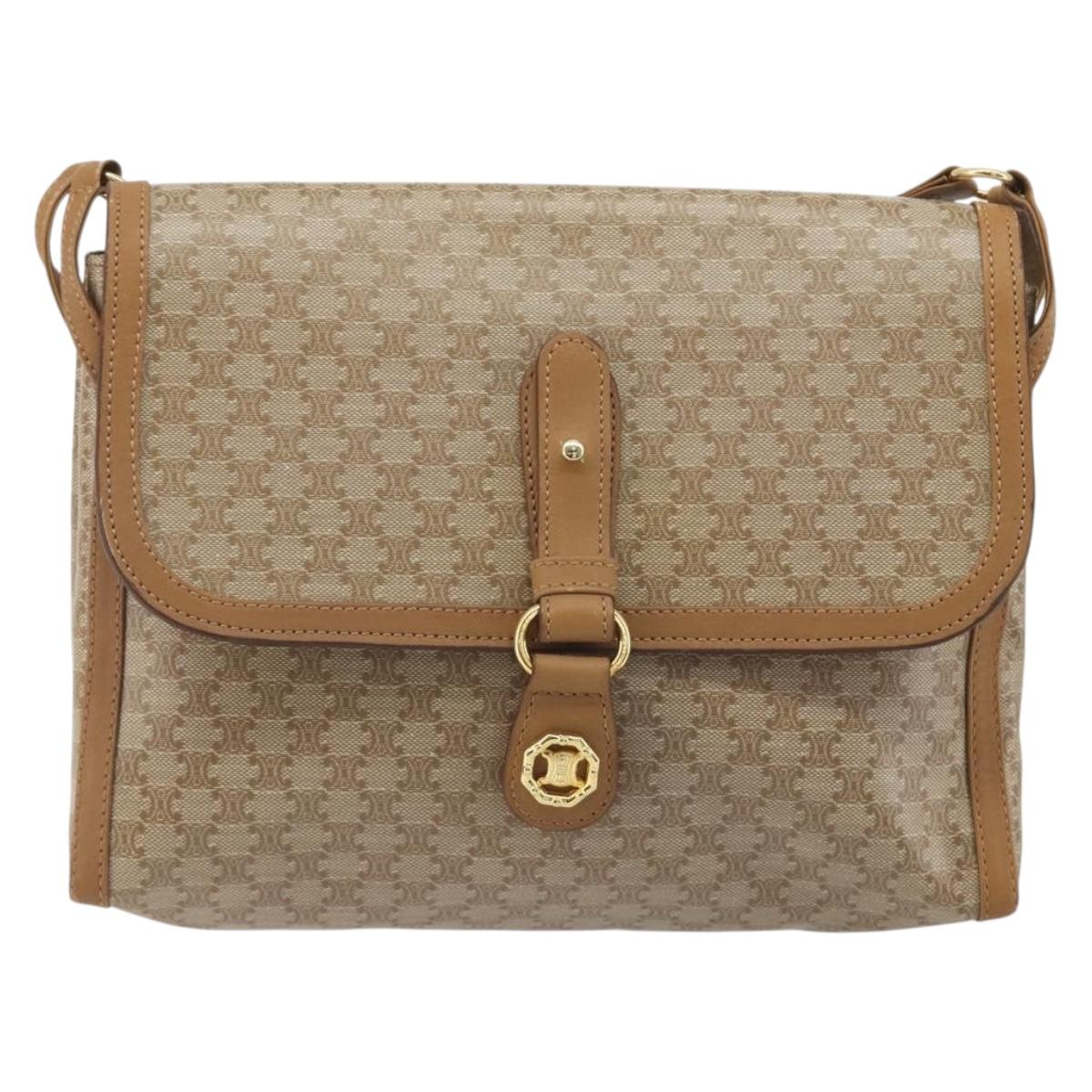 CELINE Macadam Shoulder Bag PVC Leather Beige Gold Tone Auth 194144A
