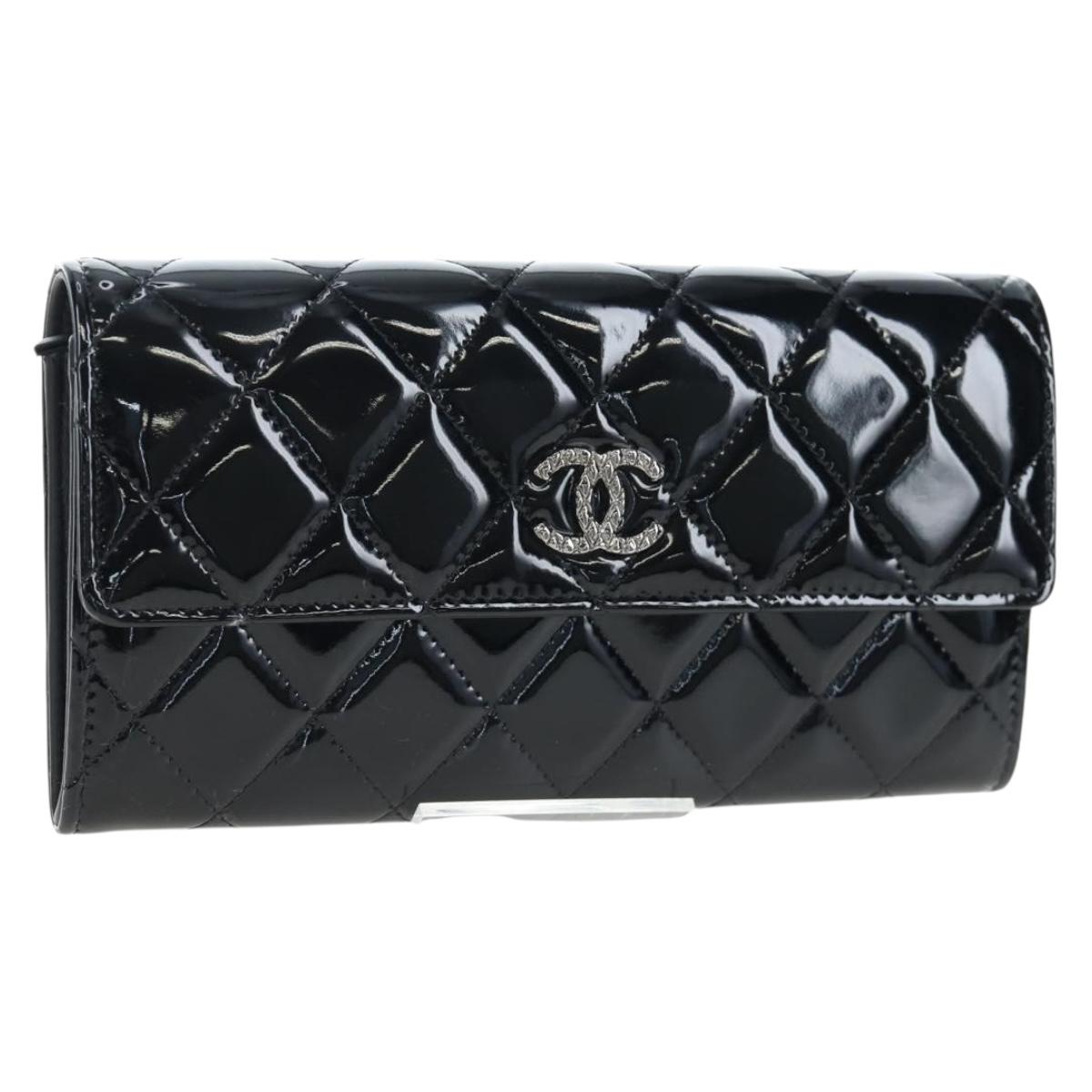 CHANEL Brilliant Matelasse Long Wallet Patent Black Silver CC Auth 194160M
