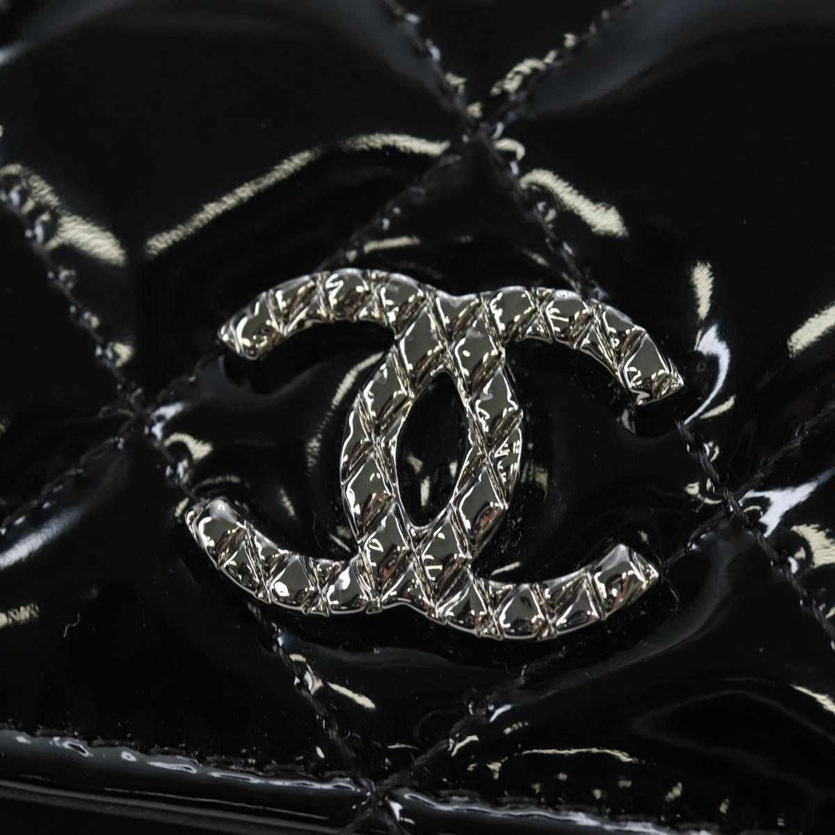 CHANEL Brilliant Matelasse Long Wallet Patent Black Silver CC Auth 194160M