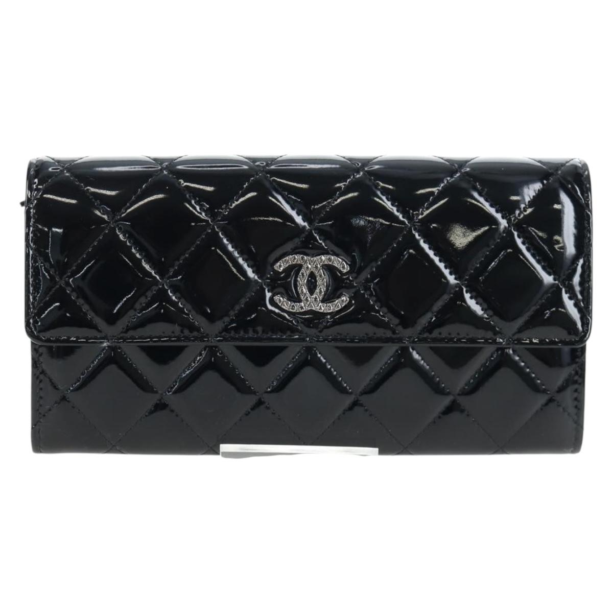 CHANEL Brilliant Matelasse Long Wallet Patent Black Silver CC Auth 194160M