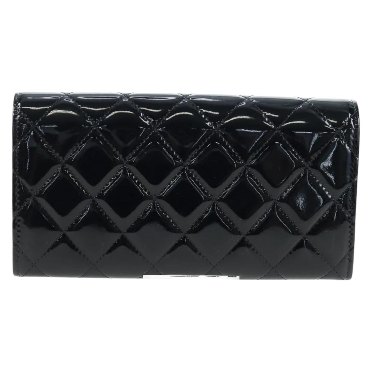 CHANEL Brilliant Matelasse Long Wallet Patent Black Silver CC Auth 194160M