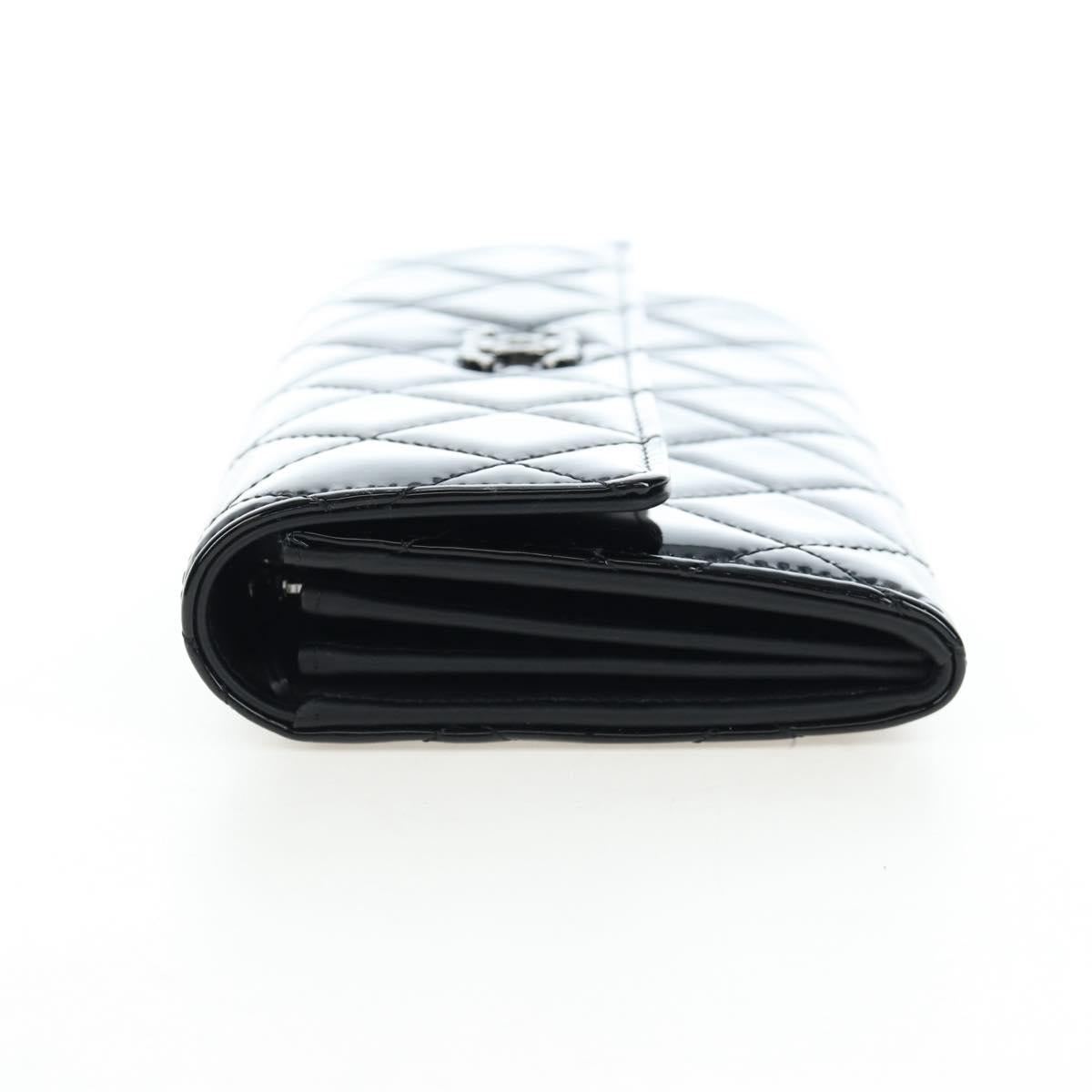 CHANEL Brilliant Matelasse Long Wallet Patent Black Silver CC Auth 194160M